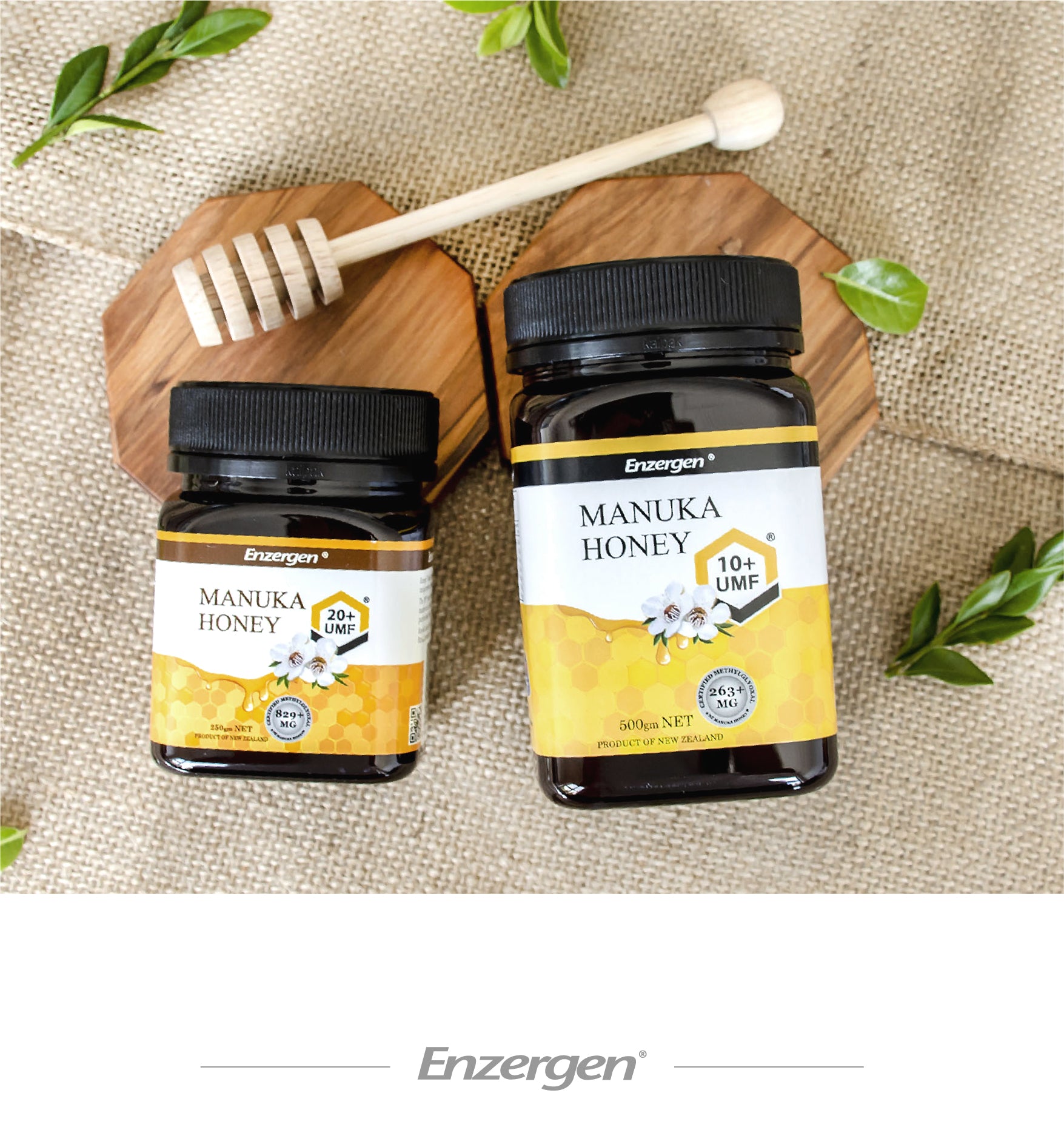 Product image of Manuka Honey UMF® 20+ and 10+ from KiwiCorp – dual strength antibacterial honey jars.