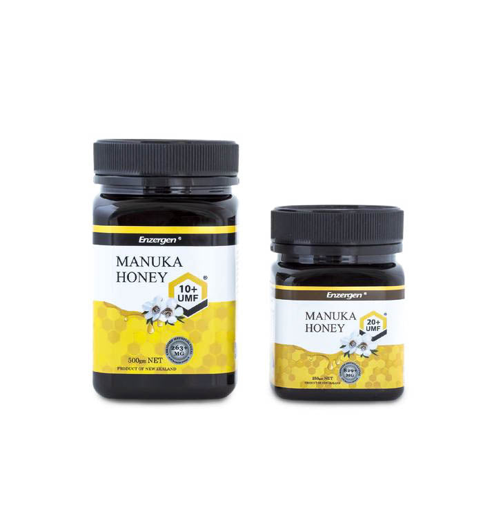 Product image of Manuka Honey UMF® 20+ and 10+ from KiwiCorp – dual strength antibacterial honey jars.